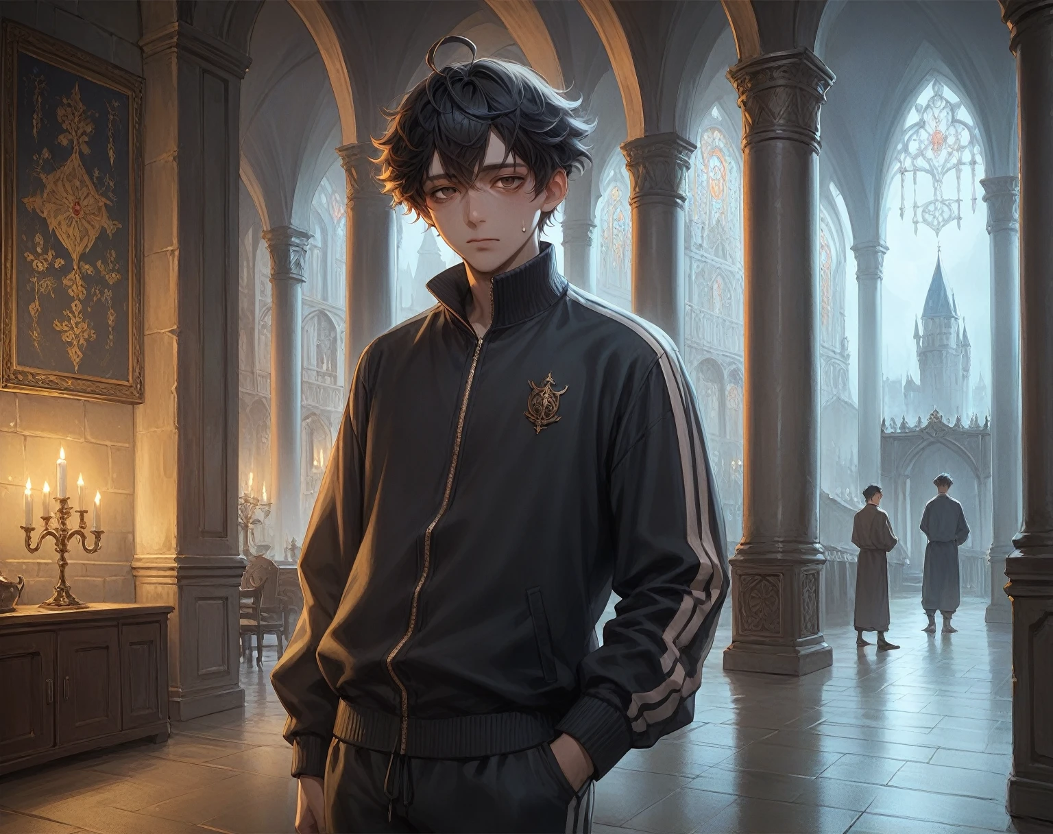 core_9,score_8_up,score_7_up,),score_9,score_8_up,score_7_up, {{medieval fantasy, anime, cowboy shot, source_anime, indoors, palace, colorful, night, vibrant, looking at viewer, solo}} 1boy, black hair, short hair, fluffy hair, hair flaps, ahoge, bags under eyes, brown eyes, narrowed eyes, black tracksuit, black track jacket, sweatpants, nervous, sweating.
