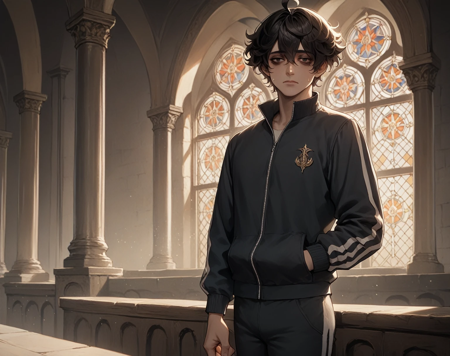 core_9,score_8_up,score_7_up,),score_9,score_8_up,score_7_up, {{medieval fantasy, anime, cowboy shot, source_anime, indoors, palace, colorful, night, vibrant, looking at viewer, solo}} 1boy, black hair, short hair, fluffy hair, hair flaps, ahoge, bags under eyes, brown eyes, narrowed eyes, black tracksuit, black track jacket, sweatpants, nervous, sweating.
