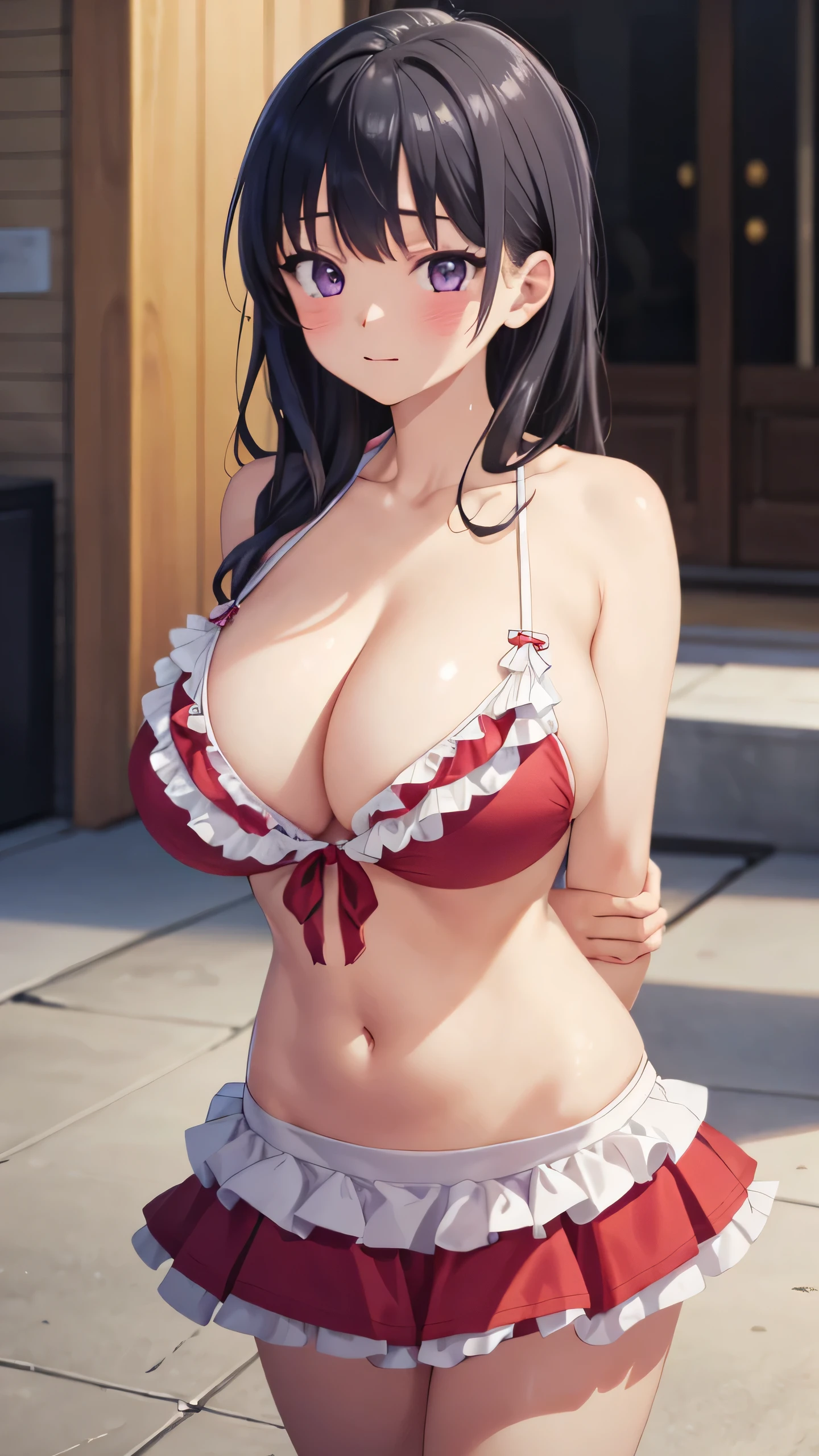 masterpiece, great quality, ultra detail, illustration, game cg, 1girl, solo, (Anna Yamada), huge breasts, blush, outside, (very frilly bikini with microskirt), afms behind back