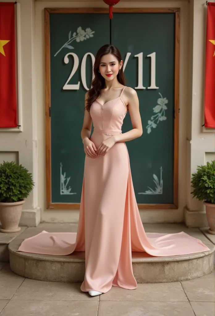  Vietnamese long dress , Lisamy , full body view,  stands on the podium,  behind which the plaque  ,  with the inscription  "20/11"  in chalk 