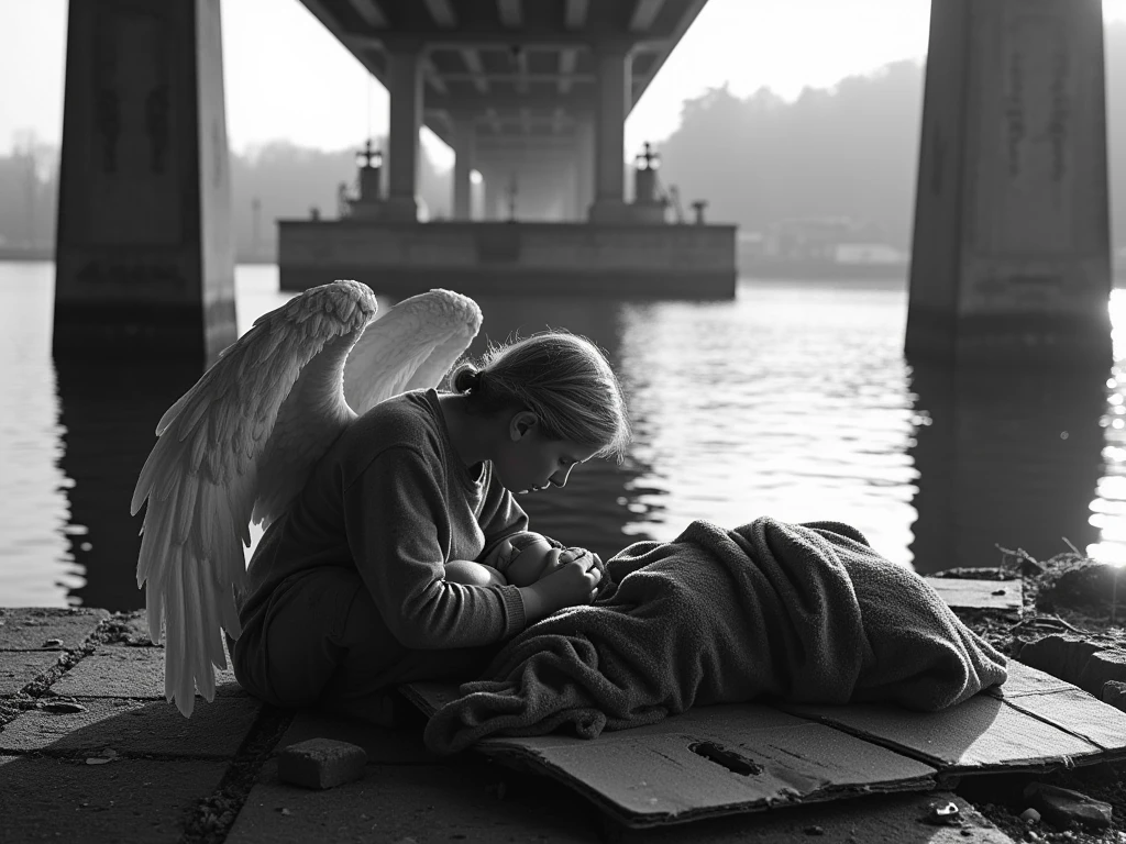 the black and white photograph captures a poignant scene of an angel crouching over a homeless person sleeping on a cardboard under a bridge. the angel's wings are folded against its back, and its face is tilted downwards, as if watching over the sleeping figure with a gentle concern.

the homeless person is curled up on the cardboard, wrapped in a tattered blanket with a thin layer of frost on it. their face is similarly frosted, giving them a fragile and vulnerable appearance. the frost on their eyelashes and eyebrows adds to the sense of cold and hardship.

the bridge above them is a stark and imposing structure, its concrete pillars rising up like giants from the river below. the river itself is calm and serene, reflecting the sun's rays like a mirror. the photograph is a powerful commentary on the social and economic issues that plague our society, urging us to look beyond our own lives and to reach out to those in need.

the black and white tones add to the sense of gritty realism, focusing our attention on the raw emotions and harsh realities of the scene. the overall effect is one of haunting beauty.