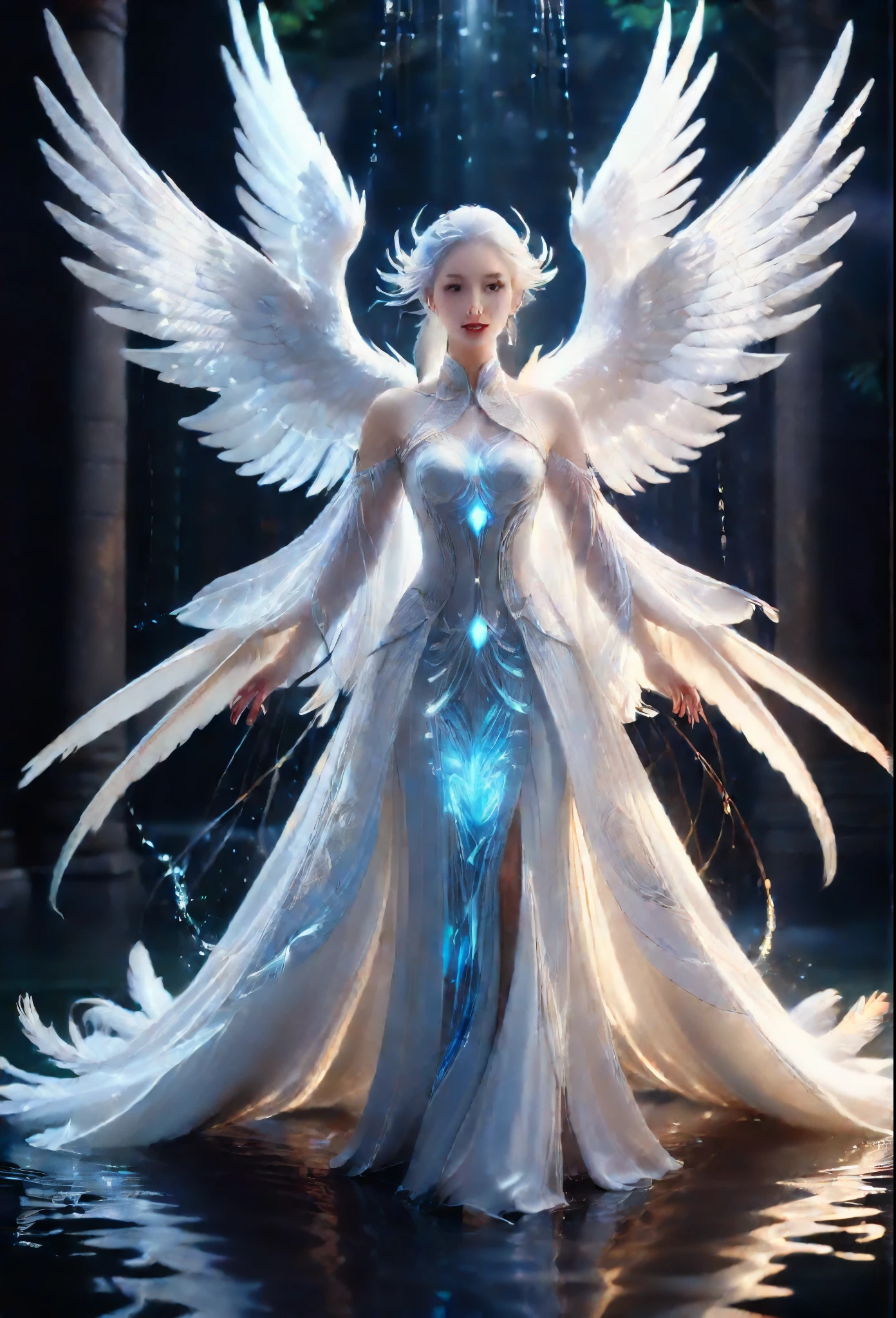 ( Masterpiece,  measurements, best quality,  official art,  Beauty and Splendor:1.2), Chinese woman virtual face, Gray hair, beautiful, Very white skin,  White girl phoenix with water element magic all around,  white phoenix wings , Two pairs of wings ,  a number of feathers around the body , Realistic illustrations,  glow , Light and shadow difference, Full Body Image,  high-definition vivid images