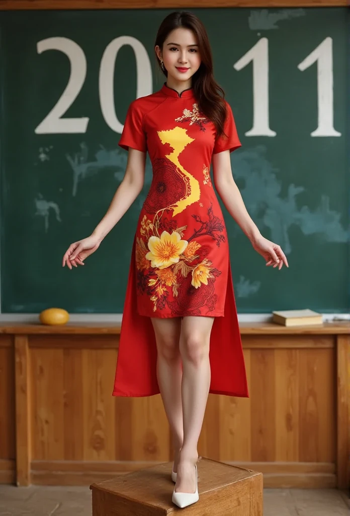 Vietnamese ao dai, Lisamy, full body view, standing on the podium, behind is the board, with the words "20/11" written in white chalk, in the classroom