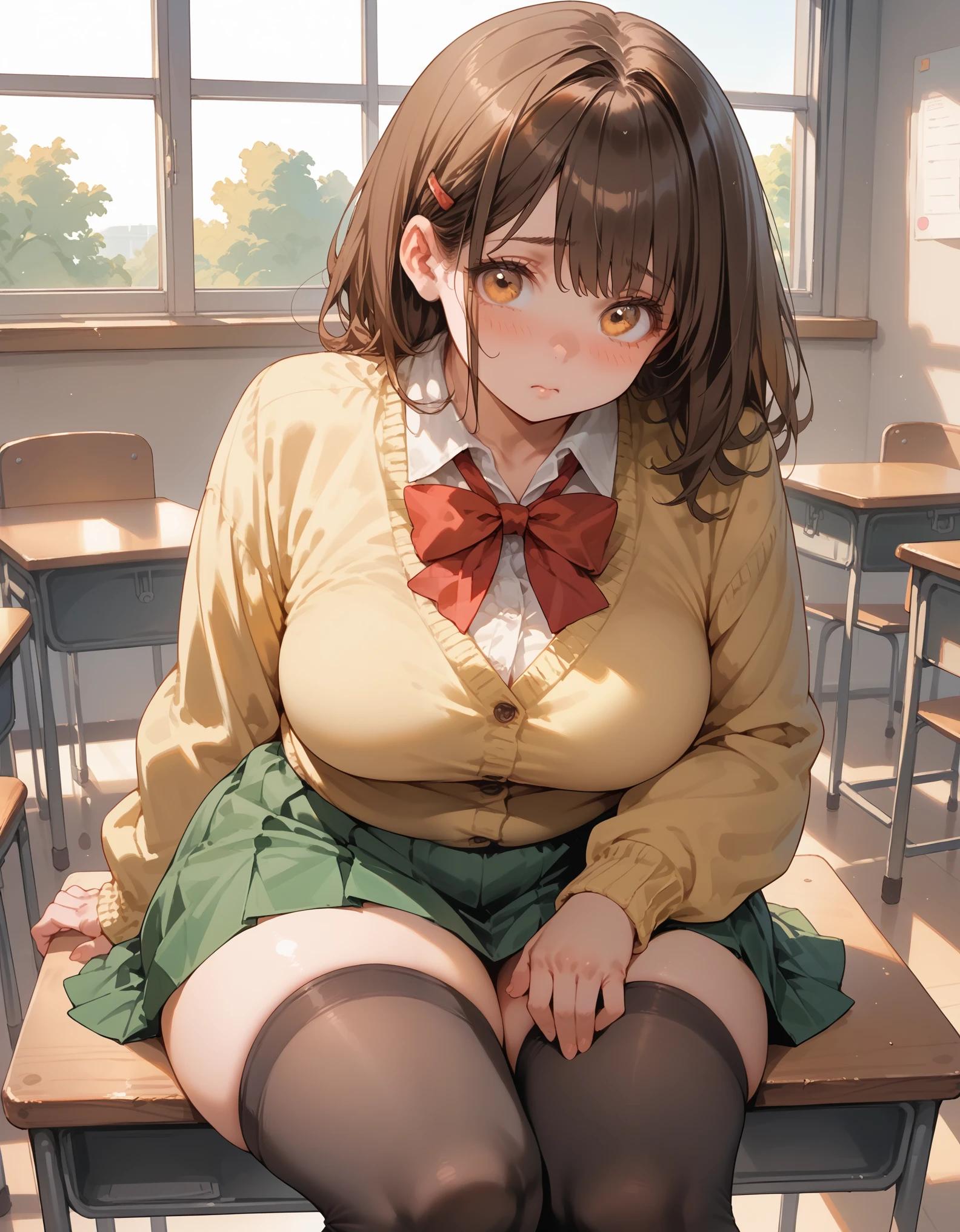 A chubby teen girl with brown hair, amber eyes, big breasts, thick thighs, white blouse, yellow cardigan, black stockings, green skirt, red ribbon, high school girl, sitting on desk, classroom, warm light, afternoon, shy gaze, adorable