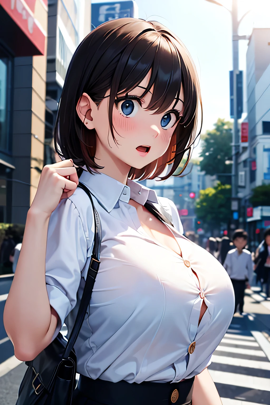 from front, from side, upper body, breasts focus, close-up, 1girl, button gap, (flying button:1.5), hands_up, large breasts, impossible clothes, unbuttoned Frill Blouse, full-face blush, surprised, flabbergasted, open mouth, outdoor, in tokyo, street, sunlight, depth of field, masterpiece, high quality, best quality, beautiful, hd, perfect lighting, detailed face, detailed body, masterpiece, best quality, intricate details, 8k uhd, perfect face, perfect eyes