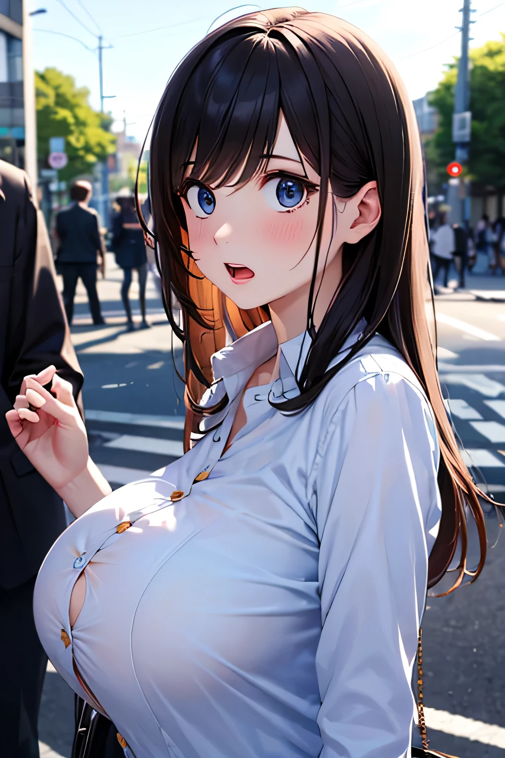 from front, from side, upper body, breasts focus, close-up, 1girl, button gap, (flying button:1.5), hands_up, large breasts, impossible clothes, unbuttoned Frill Blouse, full-face blush, surprised, flabbergasted, open mouth, outdoor, in tokyo, street, sunlight, depth of field, masterpiece, high quality, best quality, beautiful, hd, perfect lighting, detailed face, detailed body, masterpiece, best quality, intricate details, 8k uhd, perfect face, perfect eyes