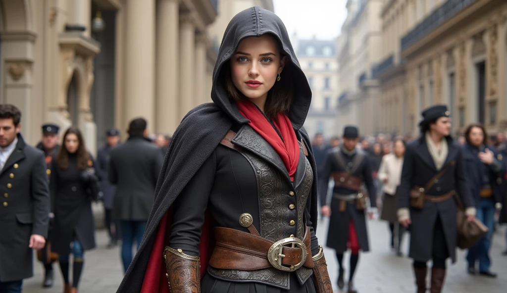 Katherine langforde usando a roupa do assassins creed unity