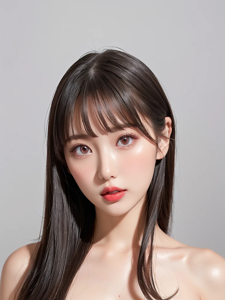  girl, bangs, (Wacky Trend Fashion , Fantastic Trend Fashion),  gray background,  hair between eyes, Big Breasts,   viewer,  open lips, red eyes,   simple background, Alone,((Creative hairstyle)),(shiny skin),(masterpiece:1.4),(Best Quality:1.4),Red lips,Huge,,(((Clear Face, full body shot,Detailed body)))