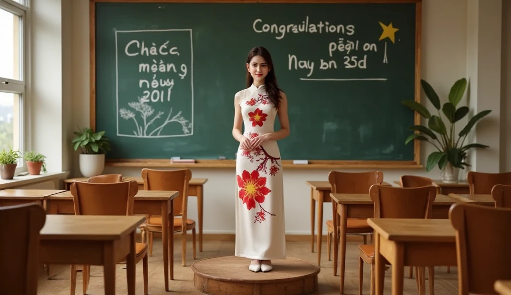 Vietnamese ao dai, Lisamy, full body view, standing on the podium, behind is the board, with the words "Chúc mừng ngày 20/11" written in white chalk, in the classroom, a teacher