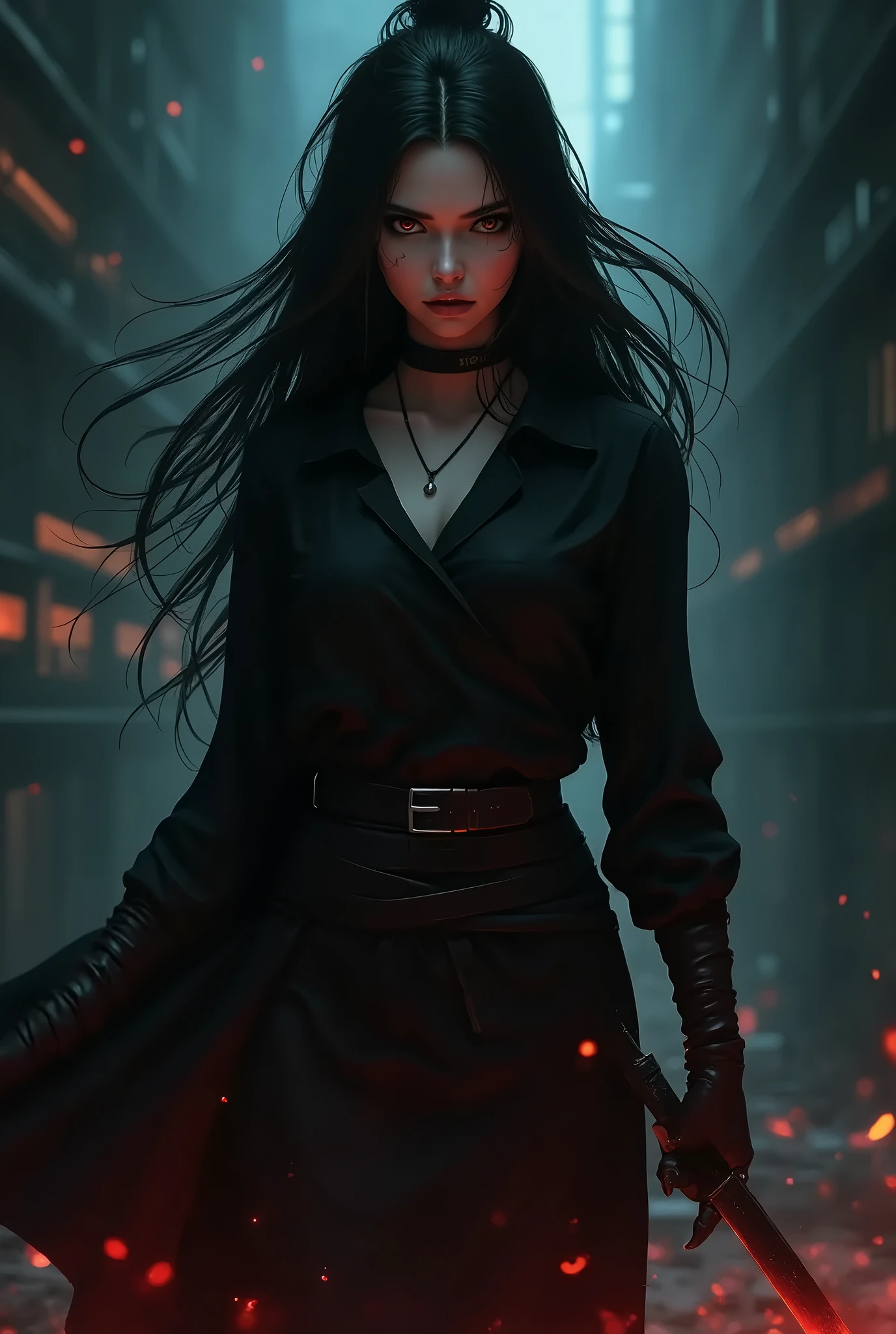 a demon hunter anime style poster, a female demon hunter with long hair, detailed face,beautiful detailed eyes, beautiful detailed lips, extremely detailed face and eyes, long eyelashes, holding a sword, serious expression, dark fantasy atmosphere, sslg office, moody lighting, dramatic shadows, cinematic composition, digital art, concept art, matte painting style, vibrant colors, rich textures, highly detailed, photorealistic, 8k, best quality, masterpiece