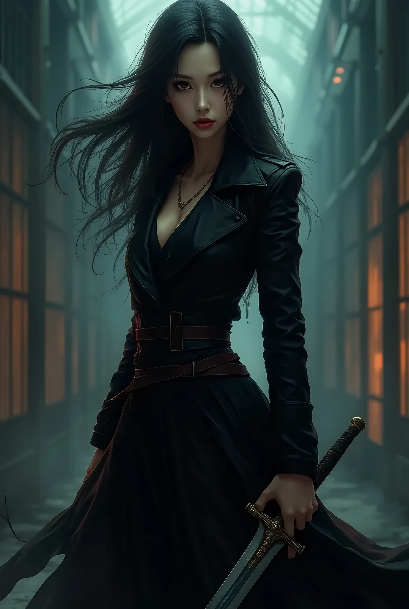 a demon hunter anime style poster, a female demon hunter with long hair, detailed face,beautiful detailed eyes, beautiful detailed lips, extremely detailed face and eyes, long eyelashes, holding a sword, serious expression, dark fantasy atmosphere, sslg office, moody lighting, dramatic shadows, cinematic composition, digital art, concept art, matte painting style, vibrant colors, rich textures, highly detailed, photorealistic, 8k, best quality, masterpiece