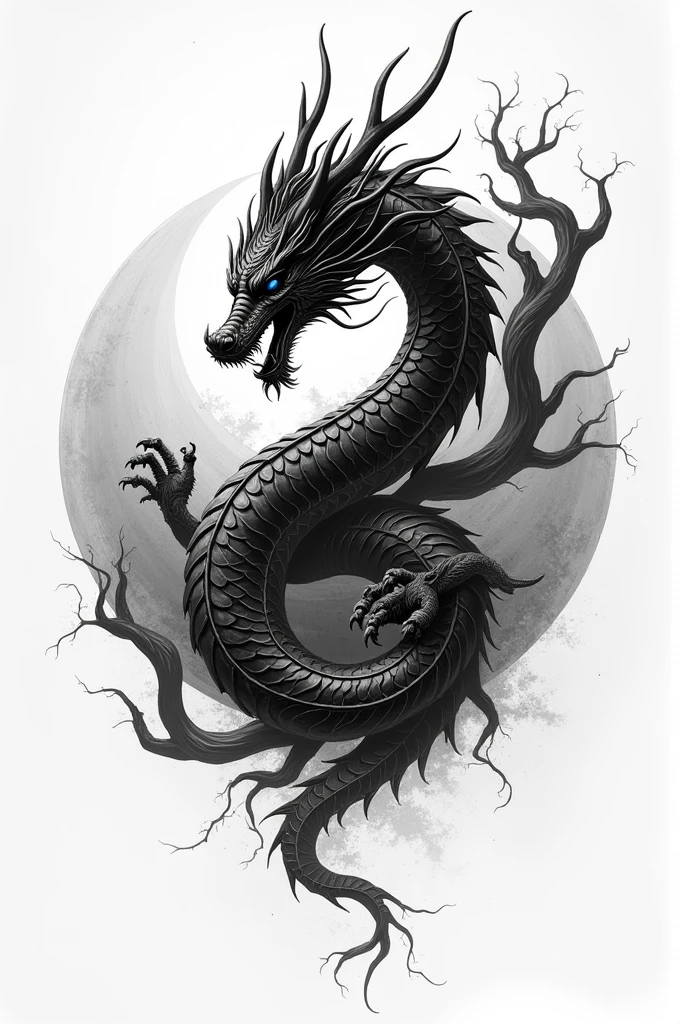 sketch of an oriental dragon drawing, fluffly, black and white with a background of cherry trees also in black and white.