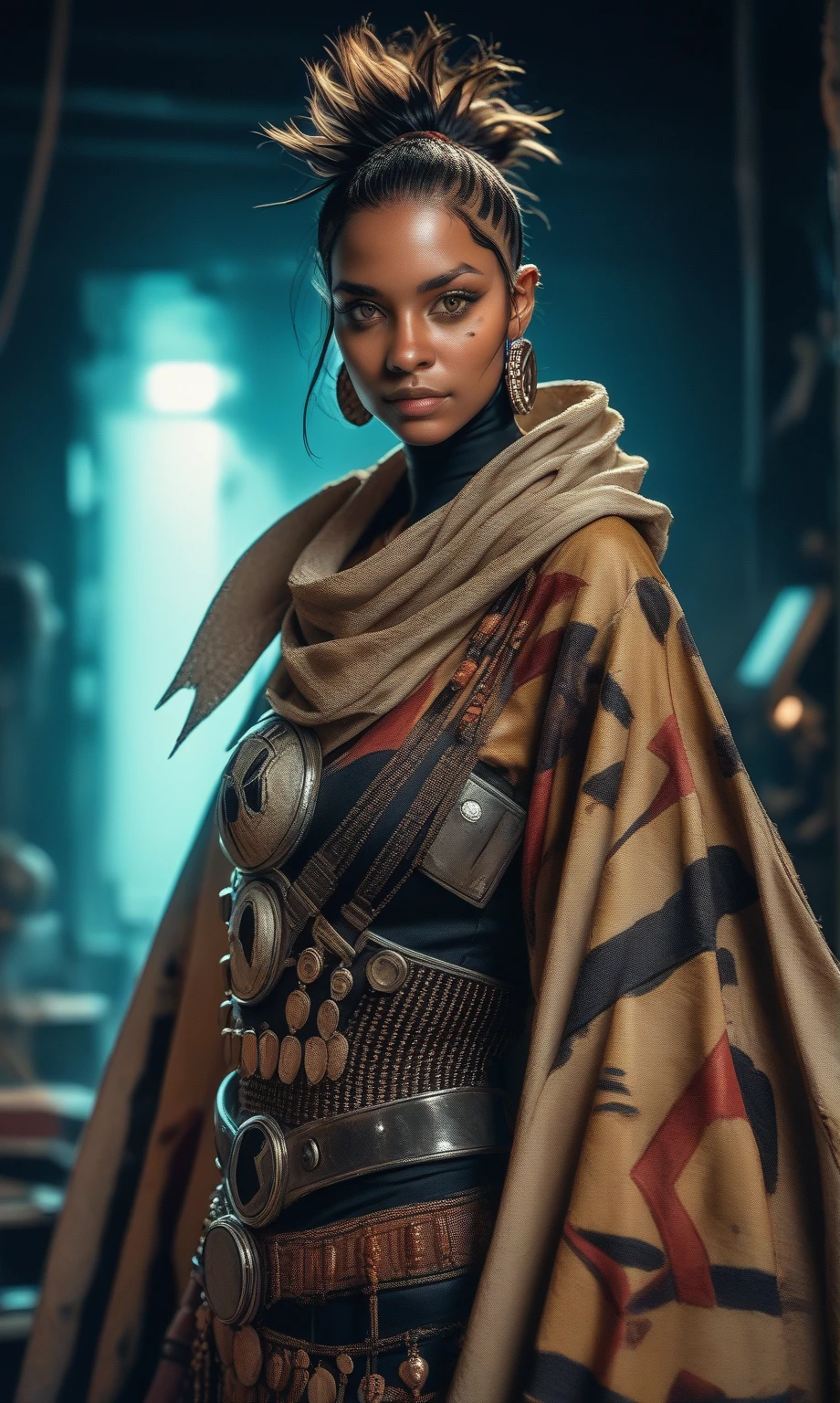 score_9, score_8_up, score_7_up, score_6_up, photo, realism, photorealistic, A stylised robot in armour with a cloak stands in a dark room an and looks at the viewer, equipment in the background, security screens, yberpunk styling, African tribal elements