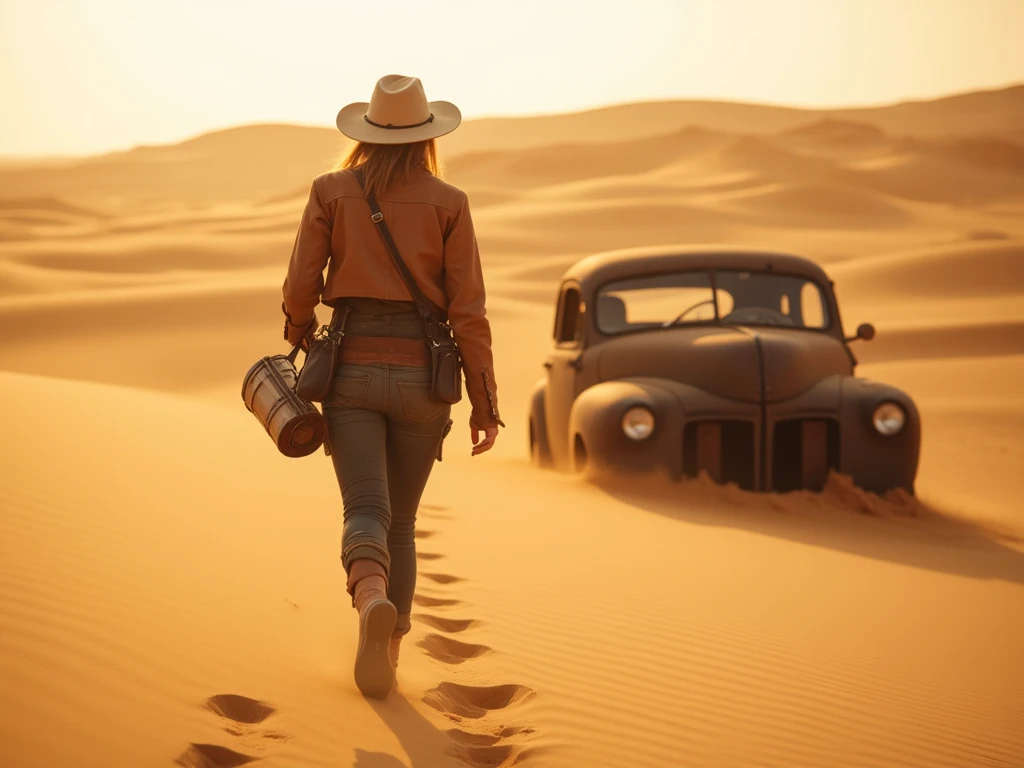 the sun beats down on the desert sand, casting a golden glow over the vast expanse of dunes. a lone figure, a young woman, trudges through the sand, her feet sinking into the hot dust with each step. she wears a worn leather jacket and a wide-brimmed hat, and carries a large canteen of water slung over her shoulder.

as she walks, the woman notices a strange object in the distance - an old, rusty car, half-buried in the sand. she approaches it cautiously, wondering how it ended up here, in the middle of nowhere. the car's doors are hanging off their hinges, and the windshield is cracked and broken.

the woman peers inside, and sees a small, leather-bound book lying on the seat. she picks it up, and begins to flip through its yellowed pages. the book appears to be a diary, written by someone who was stranded in the desert many years ago. the woman's eyes scan the pages, taking in the stories of survival and hardship, and the ultimate triumph of the human spirit. she feels a sense of connection to the writer, and a newfound appreciation for the beauty and danger of the desert.