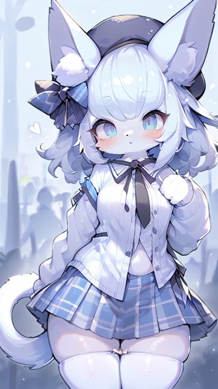 1girl, long white stockings with light blue stripes on the thighs, light blue plaid skirt, short white shirt,the shirt does not cover the abdomen, with black tie, light blue cat hat , short white hair, blushing face,, with cum coming out of her vagina
