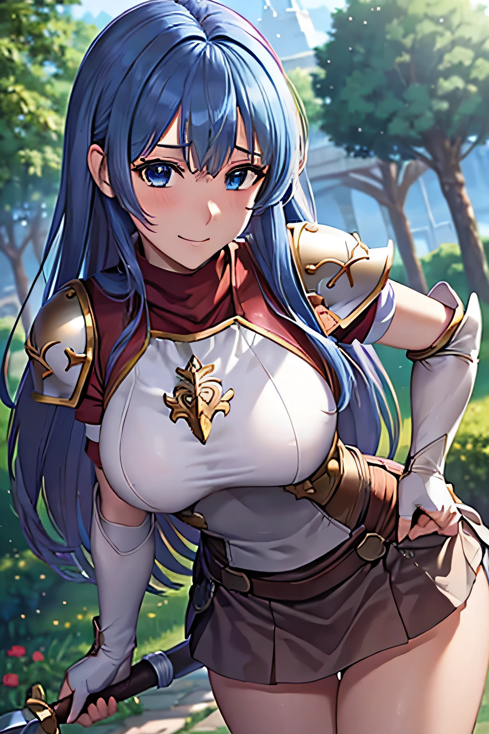 (top-quality, 8k, masterpiece,   best image quality, ,  Super Details, , (  Delicate Smooth Skin  ,  realistic skin ,   perfect and beautiful face ,Perfect and pretty face,  High Detail Skin , Perfect body)),  1 girl , armor ,  Asfocus  ,  blue eyes ,、 ,(( Embarrassing Shy Laugh , )), Fingerless gloves , Arm guard、 shoulder armor  ,  , Long Blue Hair , 、 ,  medium chest  , Pegasus Knight Uniform ( Fire Emblem ) , red and white flare skirt、 Alone , I have a Pegasus Knight sword、Castle Inner Garden 、 stick my butt out、 lean forward、 Mitsuba , , Massacre ( Fire Emblem )