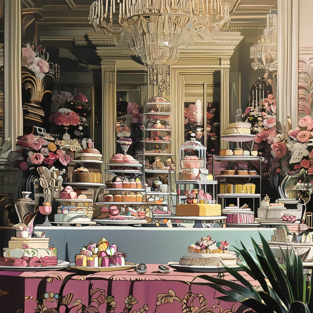 Illustration in the image and likeness of the Guibli studio animation: many homemade cakes and candies ,  drinks and many meals in abundance at a gala table in a luxurious room with white decoration and vintage floral details with contrasting vintage pink details.. 