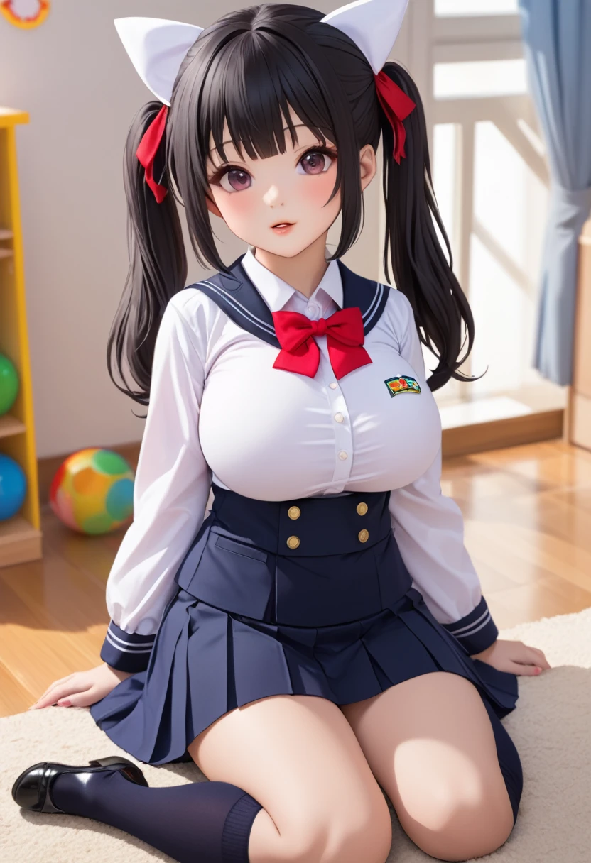 masterpiece,  High Quality, ( showing off her , Super big breasts), (Kindergartener cosplay, Uniforms for kindergarten ren),  full body shot,  showing off her pussy with her crotch open,  cute girl