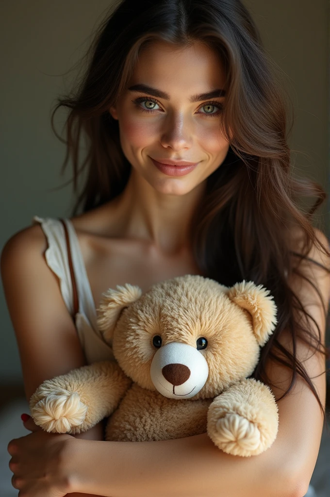 Beautiful brunette wearing white pajamas (lying in bed with a teddy bear), sehr detailiert, Vor 22 Jahren, , , unschuldiges Gesicht, nasse glatte lange Haare, blaue Augen, High resolution, Meisterwerk, nasse haut, highest quality, aufwendige, hochdetaillierte, sehr detailiert, scharfer Fokus, feine Haut, realistisch skin Textur, Textur, beautiful eyes, Fachmann, 4K, sweet smile, Fotografiert mit Canon, 85mm, shallow depth of field, Kodak Vision Farbe, Perfectly fitting body , sehr detailiert, Foto_\(Ultra\), realistisch, realistisch, Nachbearbeitung, Maximale Details, Rauheit, wahres Leben, Ultra realistisch, Fotorealismus, Foto, 8K UHD, Foto, (((small natural breasts))), Full body