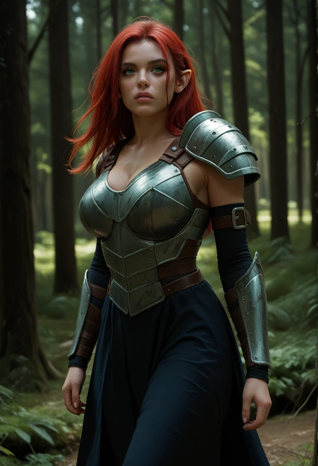 a strong half elven woman with thick chin and nose and lips with long red mane and a straight thick nose and small triangular and pointy ears, resembling Psylocke, with small pointy ears through the spiky mane, green eyes, wearing a full plate chest armor and a fitting long skirt of brown colour, walking through a dense forest with her sword sheathed at her back, slightly big breasts and ass