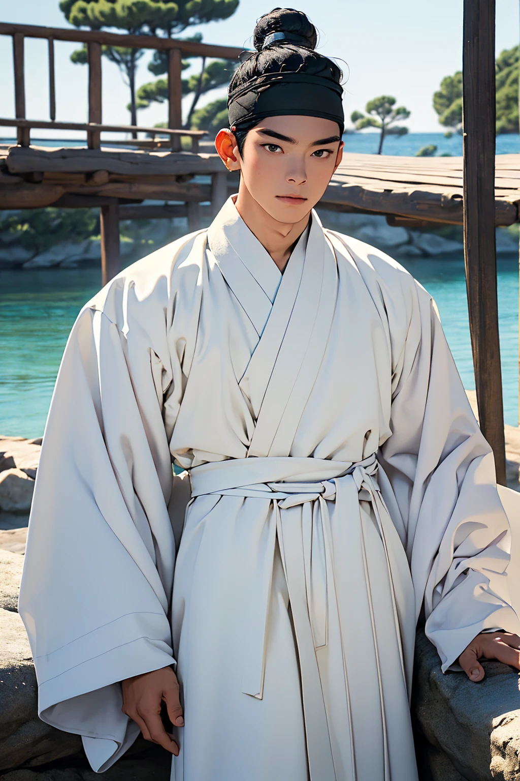 (absurdres, highres, masterpiece, best quality, ultra-realistic,ultra-detailed),(beautiful detailed face and eyes and hair:1.1),handsome,asian man,tall and muscular,black hair,black eyes,datailed face,topknot,see-through headband,white hanbok,faint smile,upper body, sea background