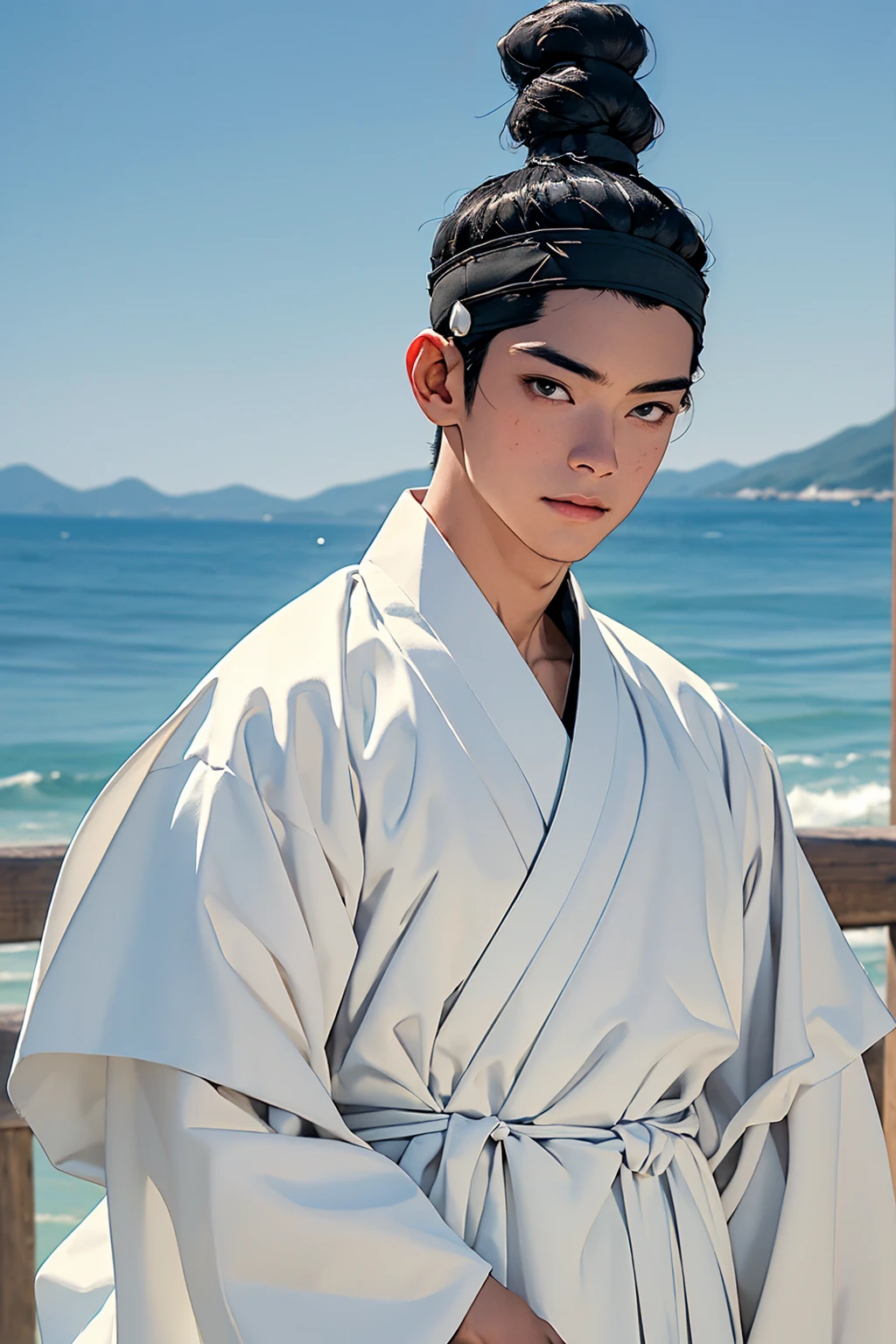 (absurdres, highres, masterpiece, best quality, ultra-realistic,ultra-detailed),(beautiful detailed face and eyes and hair:1.1),handsome,asian man,tall and muscular,black hair,black eyes,datailed face,topknot,see-through headband,white hanbok,faint smile,upper body, sea background