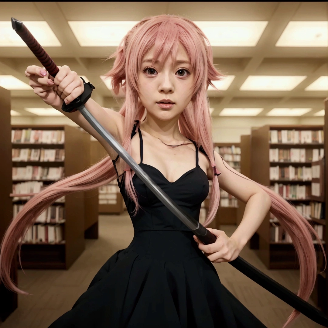  anime girl with pink hair holding a sword in a library, an anime drawing inspired by Sakae Suno , trend on pixiv, what is?, Mirai Nikki, anime girl named yuno, as an  Anime character , female  Anime character , estilo anime como Mirai Nikki,  anime girl in a black dress , action anime girl faith,  Anime character 