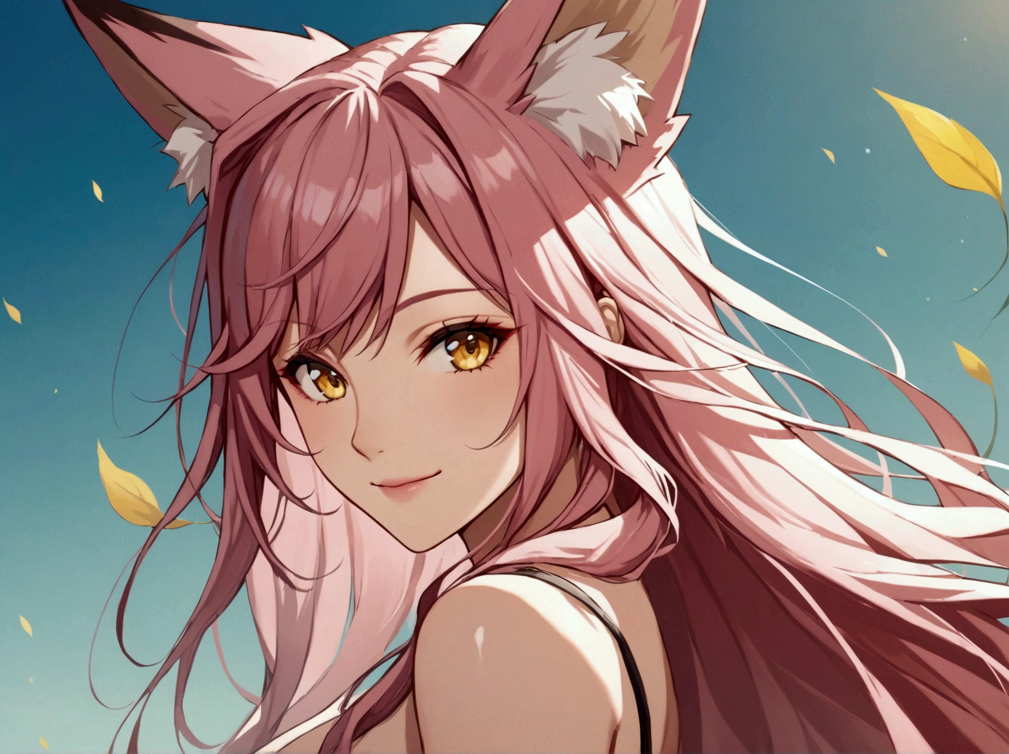 Anime fox woman, yellow eyes, pink hair, Long Hair, Smile, Bangs, High Resolution, Detail, Breasts, Fox Ears, basic background, full body shot