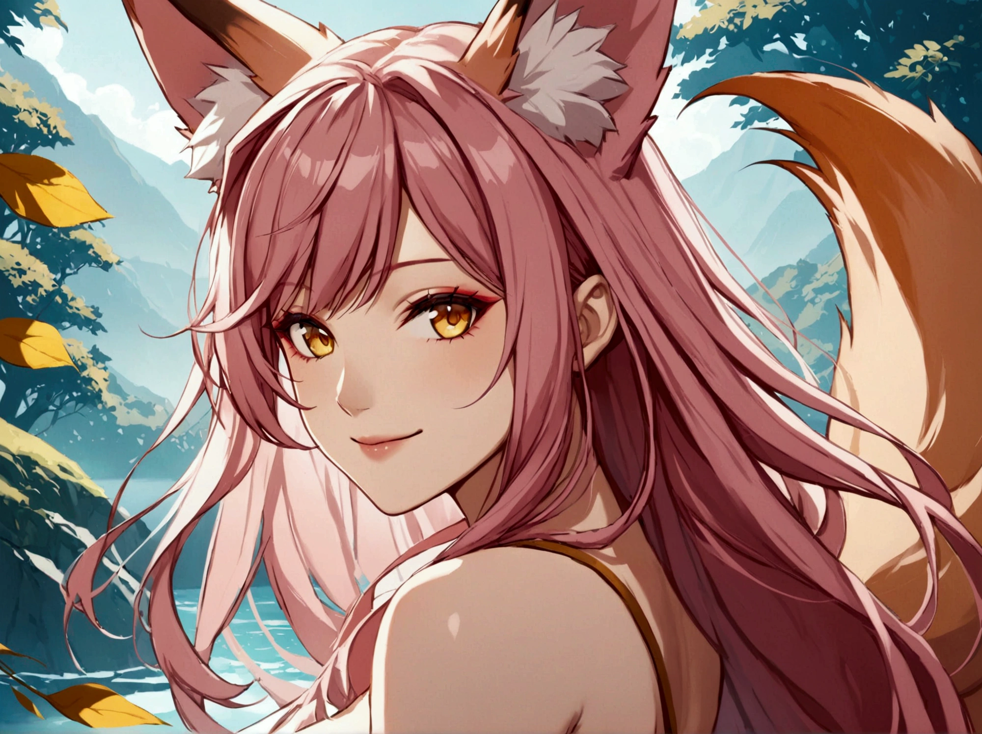 Anime fox woman, yellow eyes, pink hair, Long Hair, Smile, Bangs, High Resolution, Detail, Breasts, Fox Ears, basic background, full body shot