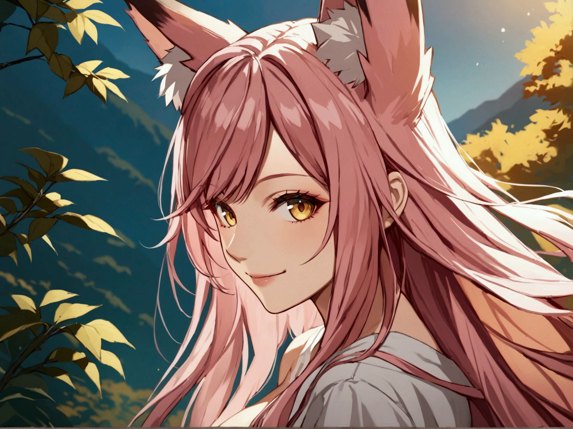 Anime fox woman, yellow eyes, pink hair, Long Hair, Smile, Bangs, High Resolution, Detail, Breasts, Fox Ears, basic background, full body shot