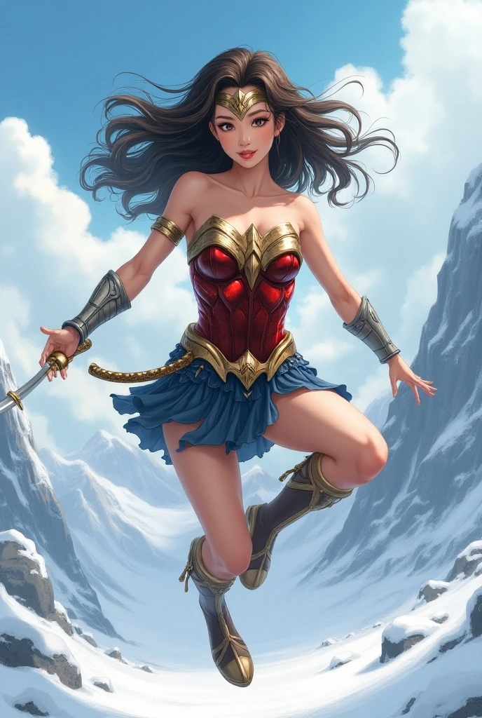 Envision Wonder Woman in a fantastical realm, surrounded by mythical beasts, enchanted forests, and grand landscapes, capturing the essence of an epic fantasy saga
