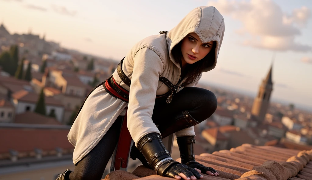 Katherine Langforde crouched on a roof wearing the Assassin's Creed 2 outfit