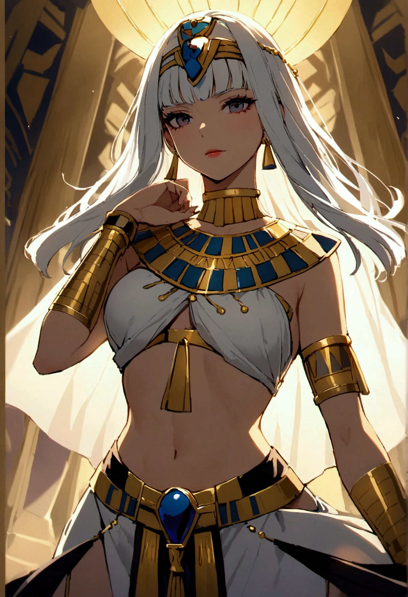 Moody lighting, 1girl in, , Lori, Small breasts, Petite, Messy white schlotted hair, Red Eyes, Egyptian goddess, Pharaoh, nobles, A desert, Pyramids, Night, Scenery, masutepiece, Best Quality, Illustration, Ultra-detailed, Hires, depth of fields, Perfect Anatomy,