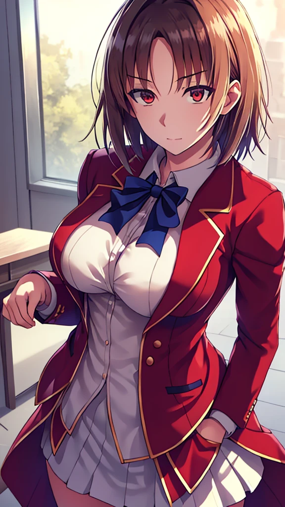 hight resolution, ultra-detailed,Slender eyes,solo,One lady,One tall woman,((spiked hair)),((parted bangs)),Long,brown haired,brown-eyed,huge tit,Uniform with red blazer and blue ribbon,white skirt,