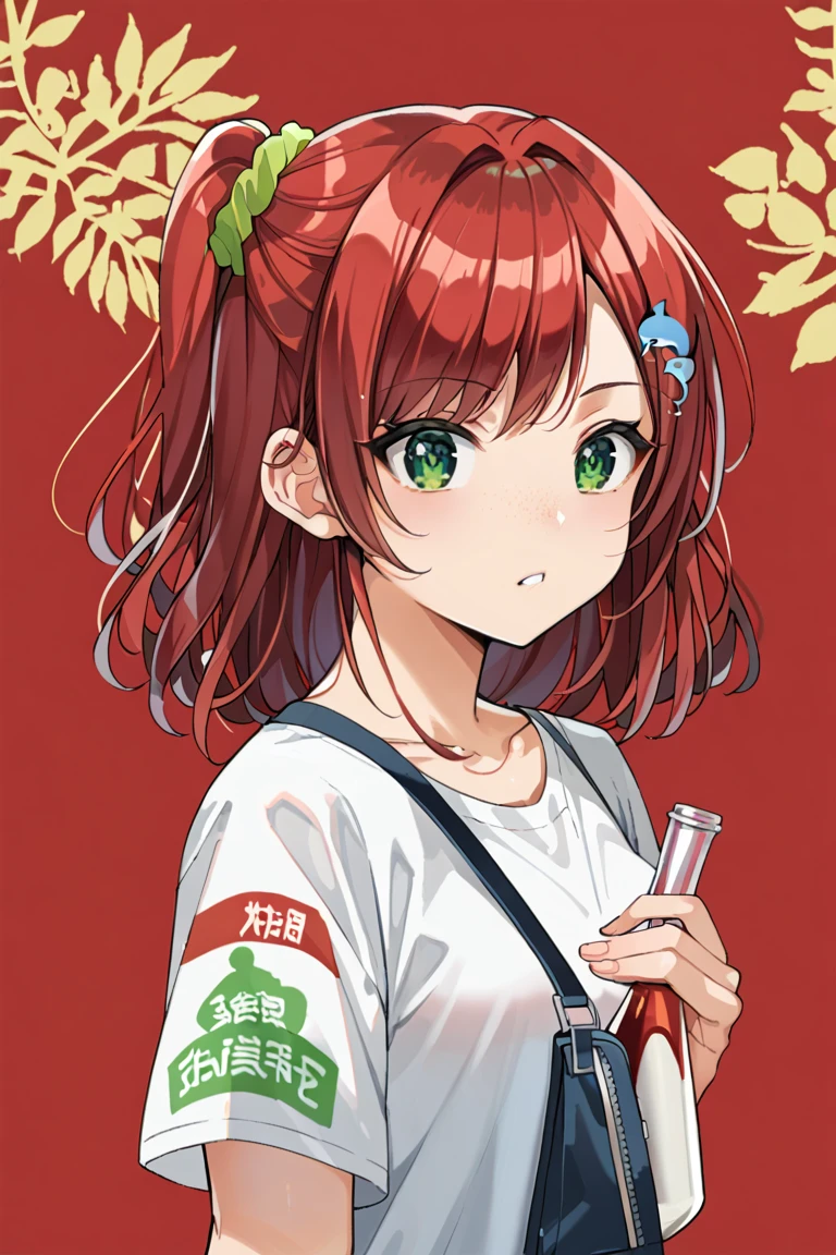  score_9,  score_8_up,  score_7_up, sauce_Anime, sakimiya iruka, Red Hair, (green eyes, one side up), curly hair, Green scrunchie,  hair ornament, shiny skin,  、  is standing