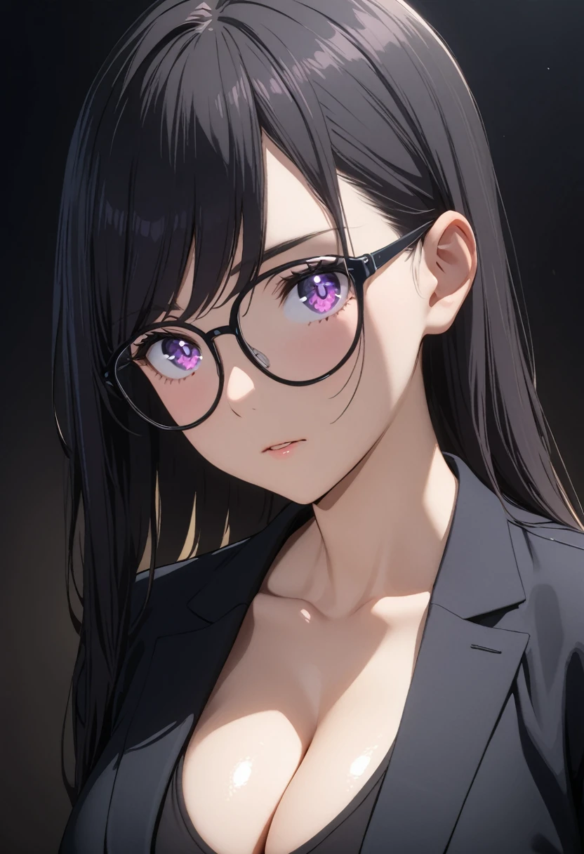 Highest quality,masterpiece,unity 8k wallpaper,Very detailed,Detailed light, Best Shadow,Very detailedな肌,Beautiful attention to detail,Very detailedな顔,Detailed reflective eyes,Shiny Hair,Shining Eyes,(One girl:1.2),woman,Gloss,thin,Minamikata Hizuru,Black jacket,Black gloves,Black tank top,Black trousers,suit,Black Hair,Glasses, Purple eyes,black rim Glasses,clavicle,Cleavage,Big Breasts,whole body,