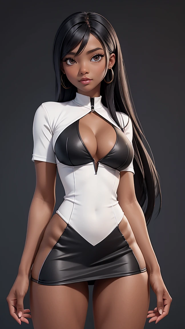 women,brown skin,black long hair, dark brown eyes, white tight bodysuit, big breast, white Trousers,standing,shows both fingers