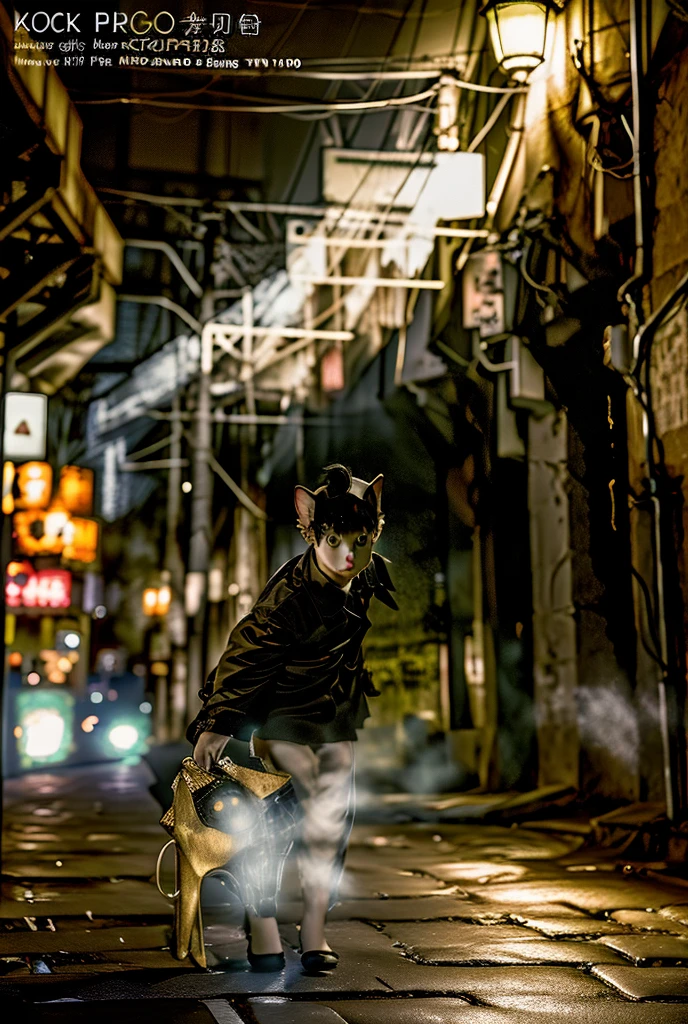  a hard-boiled cat standing in a dark alley 。 with scratched ears and sharp eyes 、 wearing a chic trench coat 、 posing like holding a cigarette in one hand 。 Night scene with vaguely illuminated street lights in the back。The background is noir-style, 、 overall shadowed art style 。