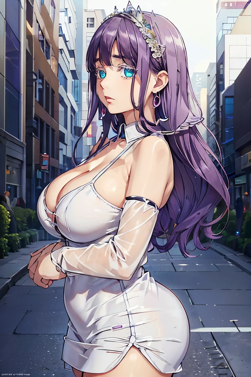 ((plump breasts)), ((1 girl)), ((side view)), ((only top of the character)), earrings, ((outdoor cybercity)), ((perfect hands)), (finely detailed eyes and detailed face:1.3), (extremely fine and beautiful:1.1), (Perfect details:1.1), ((no cleavage)), Mira Suou, World's end harem, purple hair, blue eyes, white eyelashes, dress, detached sleeves,