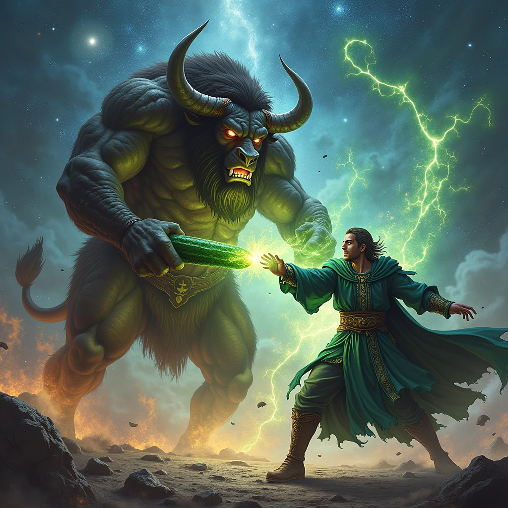 sexy bad boy warrior with purple-black hair and electric green eyes, thin armor in a magical library, arguing heatedly with an ancient spirit