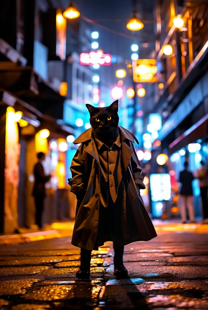  a hard-boiled cat standing in a dark alley 。 with scratched ears and sharp eyes 、 wearing a chic trench coat 、 posing like holding a cigarette in one hand 。 Night scene with vaguely illuminated street lights in the back。The background is noir-style, 、 overall shadowed art style 。