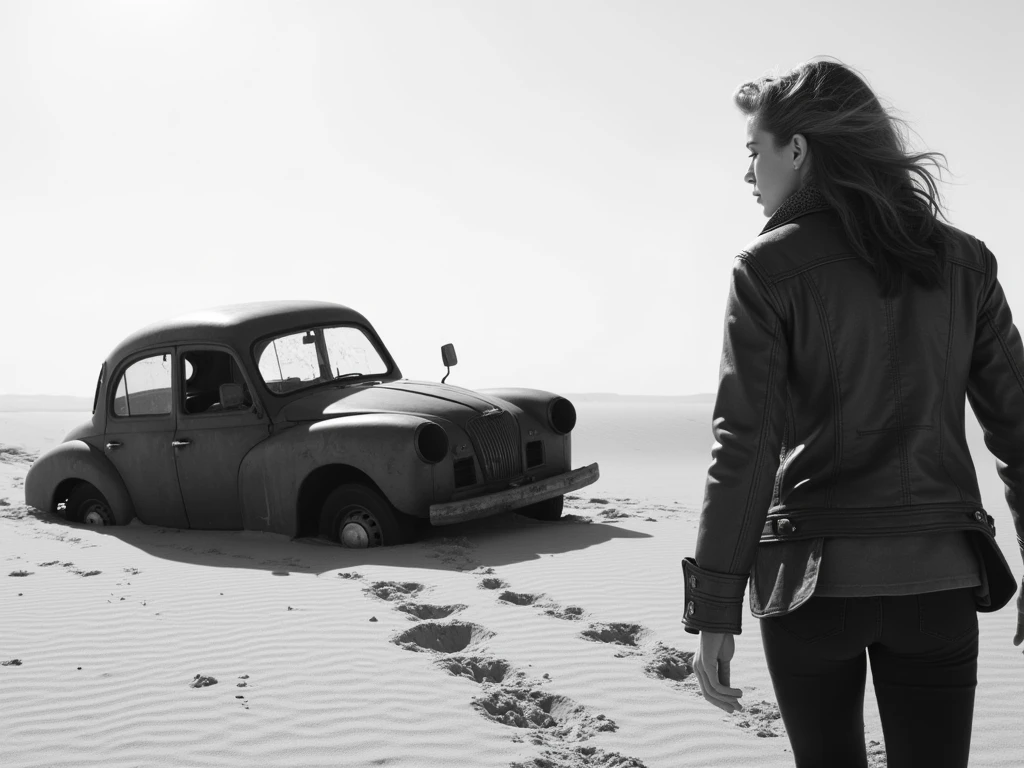 the black and white photograph captures the essence of a lone woman in a desert, trudging through the sand with a sense of determination and resilience. the harsh desert sun casts a stark, high-contrast light on the scene, accentuating the textures of the sand and the woman's worn leather jacket.

in the distance, an old, rusty car emerges from the sand, its metal body worn and corroded by the elements. the car's doors hang off their hinges, and the windshield is cracked and broken, telling a story of abandonment and neglect.

the woman approaches the car, her footsteps leaving behind a trail of footprints in the sand. she peers inside, and her face is illuminated by the soft, diffused light that filters through the cracked windshield. the photograph captures the moment of discovery, as the woman uncovers the secrets of the abandoned car and the stories it holds.

the black and white tones of the photograph add a sense of timelessness and nostalgia to the scene, evoking the feeling of a bygone era. the high-contrast lighting and the textures of the sand and metal create a sense of depth and dimensionality, drawing the viewer into the world of the photograph.