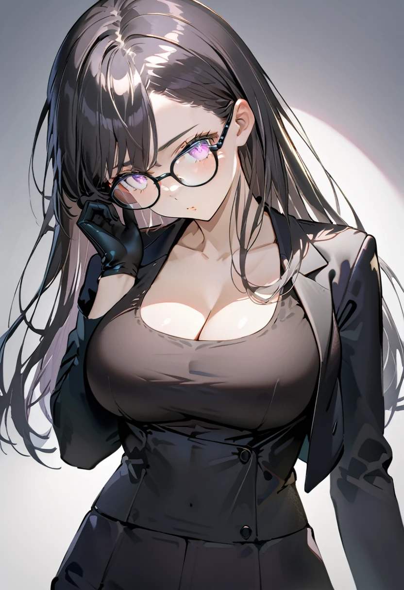 Highest quality,masterpiece,unity 8k wallpaper,Very detailed,Detailed light, Best Shadow,Very detailedな肌,Beautiful attention to detail,Very detailedな顔,Detailed reflective eyes,Shiny Hair,Shining Eyes,woman,Gloss,thin,HizuruM, glasses,Black jacket,Black gloves,Black tank top,Black trousers,suit,Black Hair,Glasses, Purple eyes,black rim Glasses,clavicle,Cleavage,Big Breasts,whole body,peek bra,((huge breast)),(round breast),slender,(curving waist:1.2),(skinny body),breast close-up,