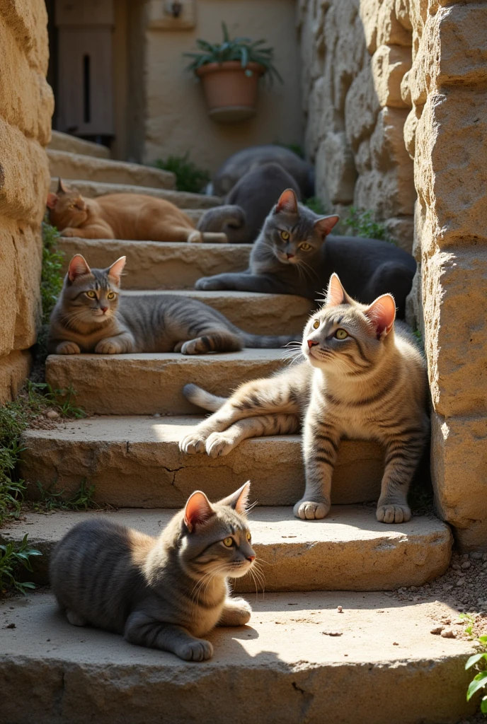 Cats on the stone steps ,