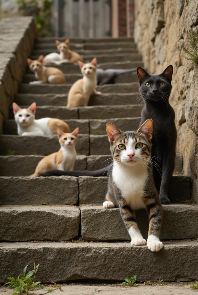 Cats on the stone steps ,