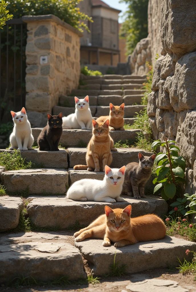 Cats on the stone steps ,