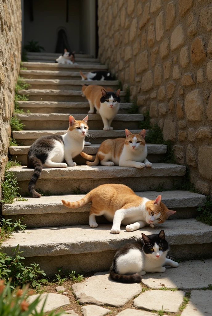 Cats on the stone steps ,