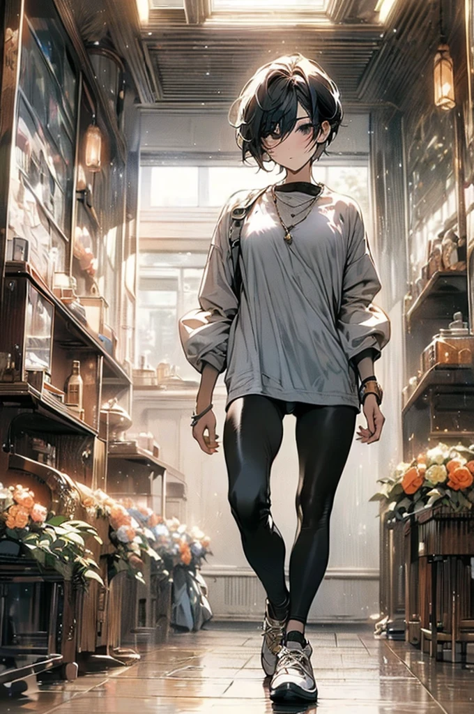 sfw,Best Quality,  OFFICIAL ART, masterpiece,(One person:2.0),  Neutral Male,( flat chest:1.3),(7 heads), Black Hair ,( bob cut hair in the house),(running:1.5), Sportswear , with a slender body,(stretchy leggings:1.5), sneakers,(garden:1.3),(Dynamic:1.3),morning,wind, Soft Writing,morning日,Erected male genital bulge