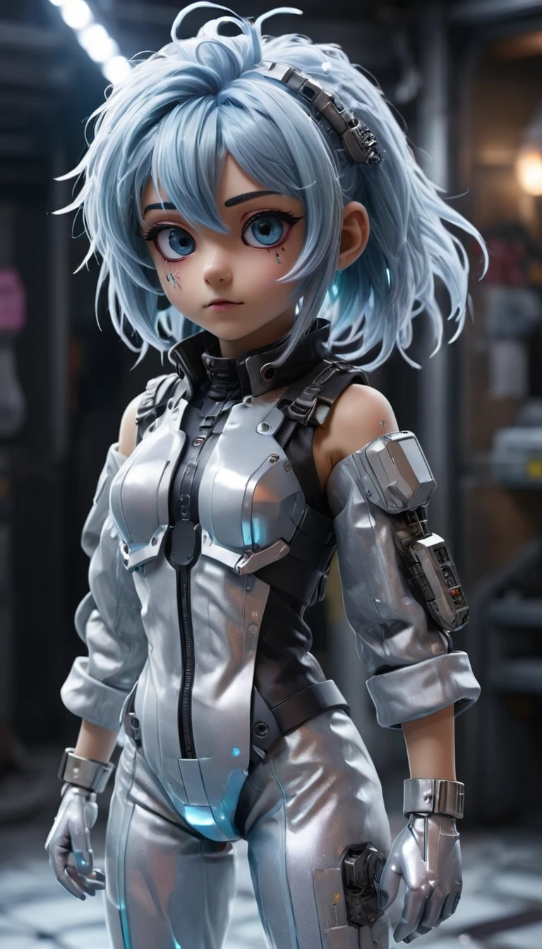 3d anime,future,cyberpunk,transparent,light blue hair,white,glitter,silver,3d anime,full body