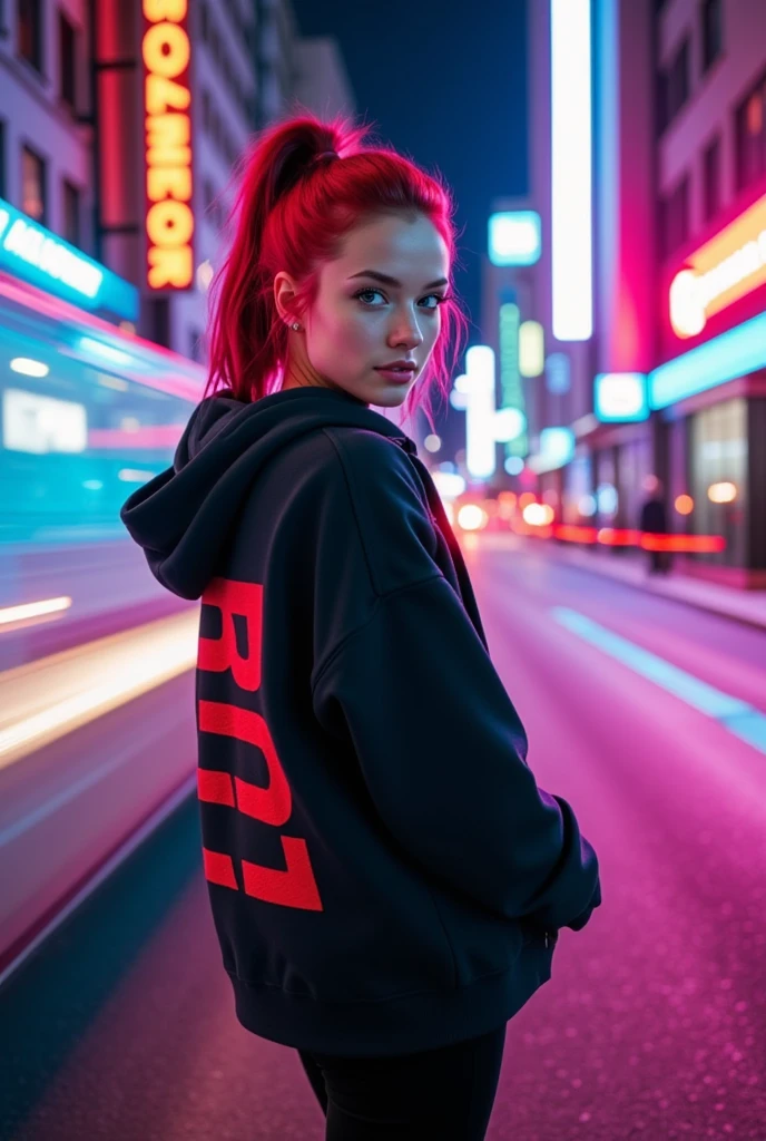 The image showcases a striking, neon-lit urban scene featuring a young woman named vanessa with red hair styled in a loose, high ponytail, illuminated dramatically by vibrant pink and blue lights. She stands in profile but turns her head slightly to make direct eye contact with the viewer, her expression confident and enigmatic. The ambient light casts colorful highlights on her pale skin, emphasizing the contrast between the cool and warm hues of the scene.

She wears an oversized, dark hoodie with bold red graphic text on the back, creating a stark contrast that adds an edgy, streetwear vibe. The setting is a city street at night, framed by tall buildings adorned with glowing neon signs and illuminated windows, hinting at a bustling nightlife. The background is alive with motion blur and light trails from passing cars, painted in streaks of bright blue, orange, and white, which add dynamic energy to the scene and suggest a fast-paced, futuristic environment.

Reflections of the neon lights bounce off nearby glass surfaces, creating a multi-layered visual effect that enhances the depth of the image. The mood is distinctly cyberpunk, with a blend of modern urban grit and futuristic aesthetics, evoking themes of rebellion, individuality, and mystery. The overall composition is visually captivating, merging the vibrant energy of the city with the commanding presence of the subject.